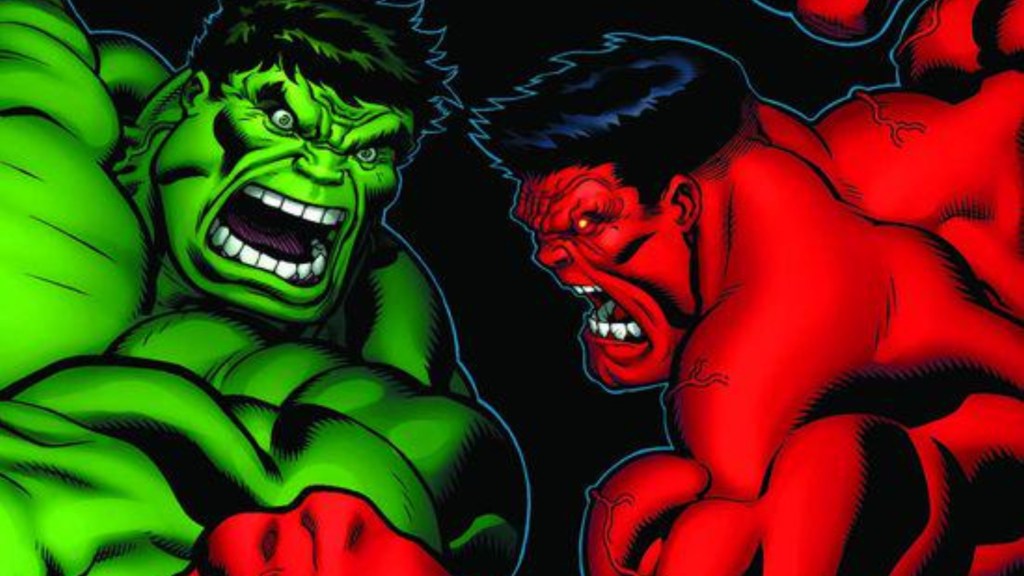 The Hulk and the Red Hulk roaring at each other