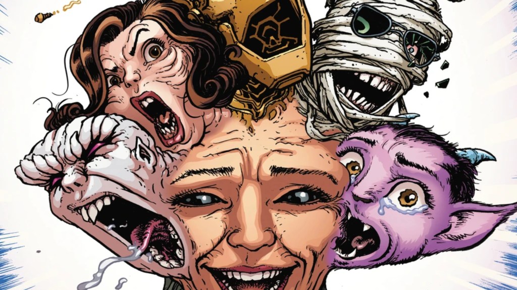 The members of the Doom Patrol coming out of the head of their therapist