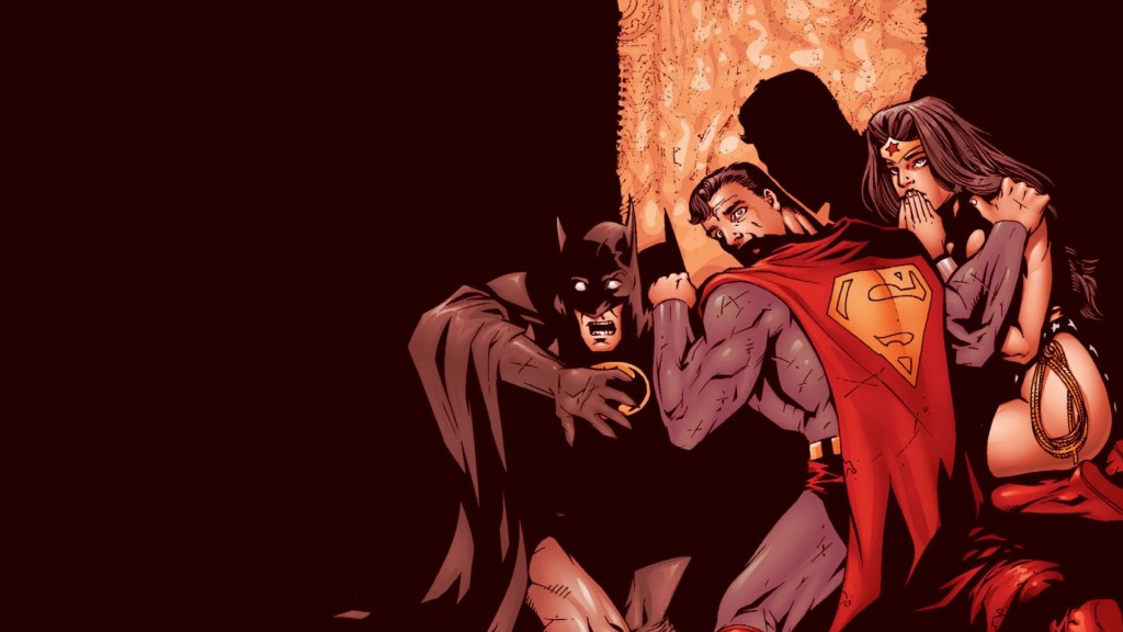 Superman, Batman, and Wonder Woman looking back in fear as a door opens