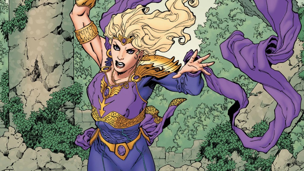 Amethyst jumping forward ready to swing her sword
