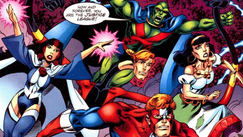 Martian Manhunter, Zatanna, Elongated Man, Steel, and Gypsy ready to rumble in a cave