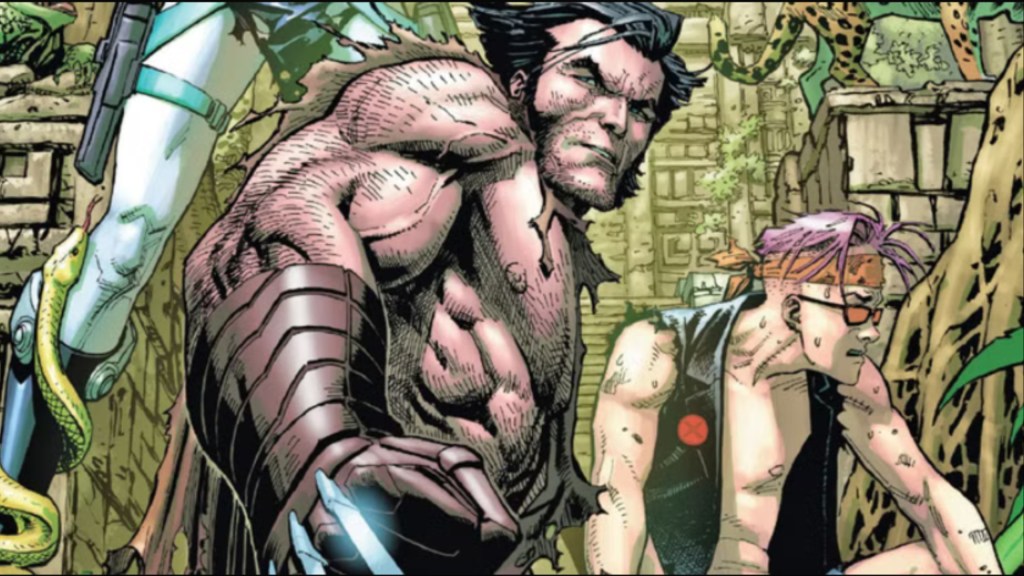 Wolverine and Quentin Quire in Terra Verde in front of a temple strangled by vines