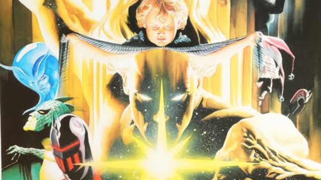 Young Mar-Vell opening his robe to reveal his cosmic form surrounded by Lune, Black Bolt II, and other Inhumans