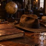Topi fedora cokelat usang, buku catatan kulit dan kacamata bundar di atas meja kayu ruang kerja arkeolog