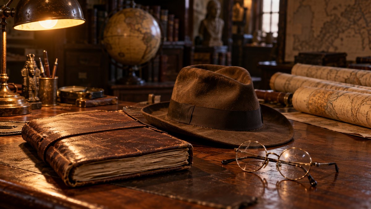Topi fedora cokelat usang, buku catatan kulit dan kacamata bundar di atas meja kayu ruang kerja arkeolog